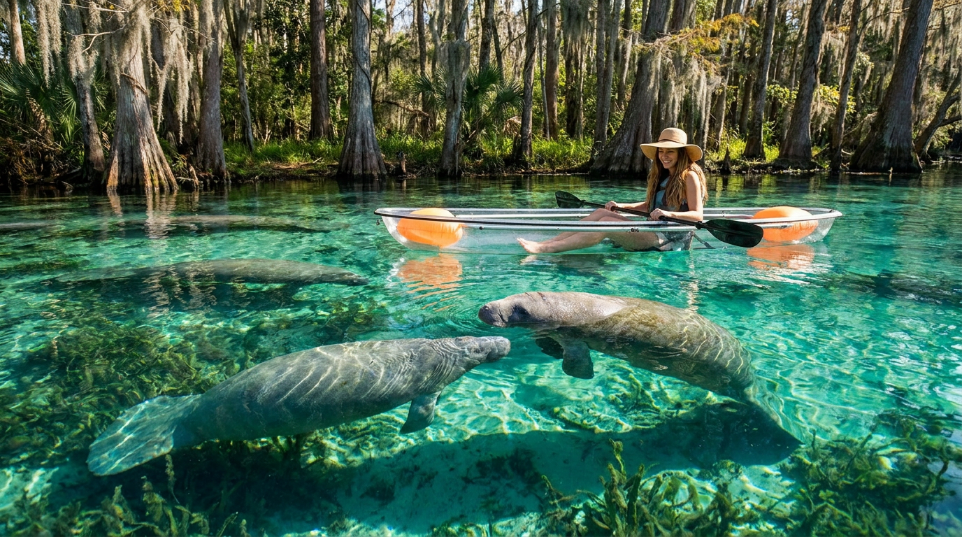 kayak with manatees crystal river fl - hero image