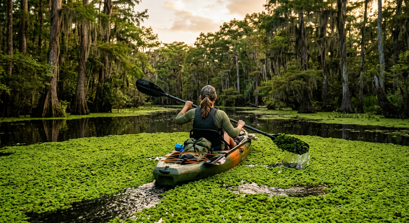A kayaker pulling a paddle through thick green salvinia weed on a dark, stagnant Louisiana bayou