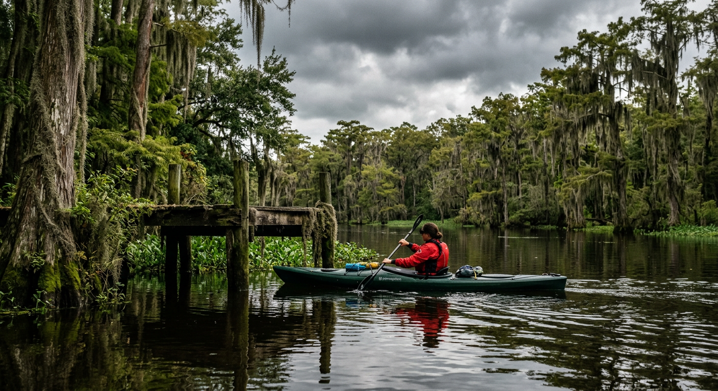 A lone kayaker paddling under a heavily overcast sky near a moss-draped dock in the Louisiana bayou