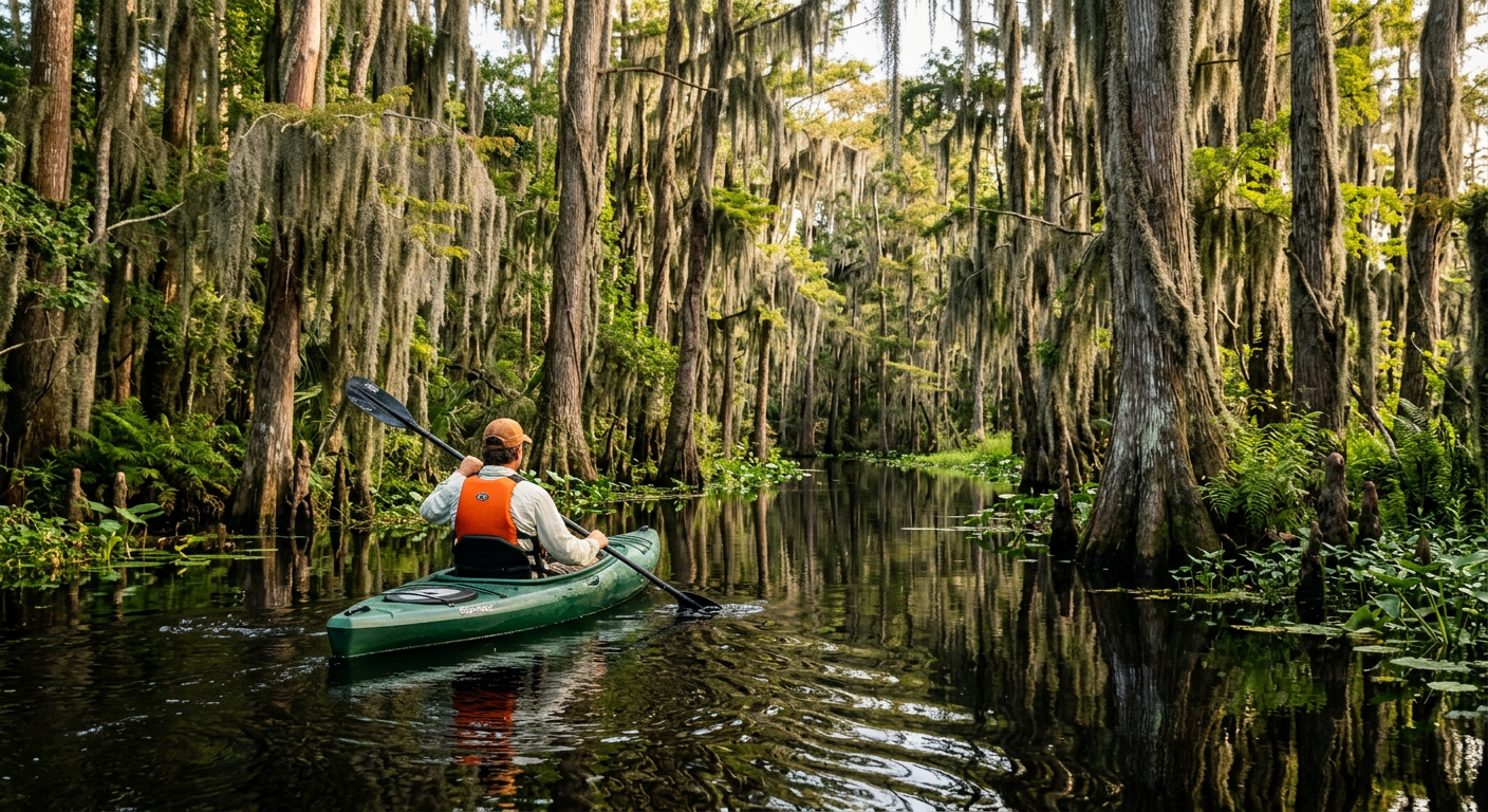 A solo kayaker paddling a green boat through a narrow Louisiana bayou lined with dense cypress trees and hanging Spanish moss