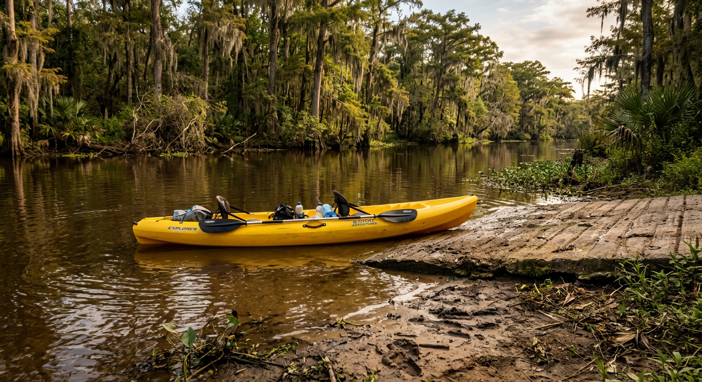 A bright yellow kayak sitting in shallow murky bayou water next to a muddy concrete launch ramp