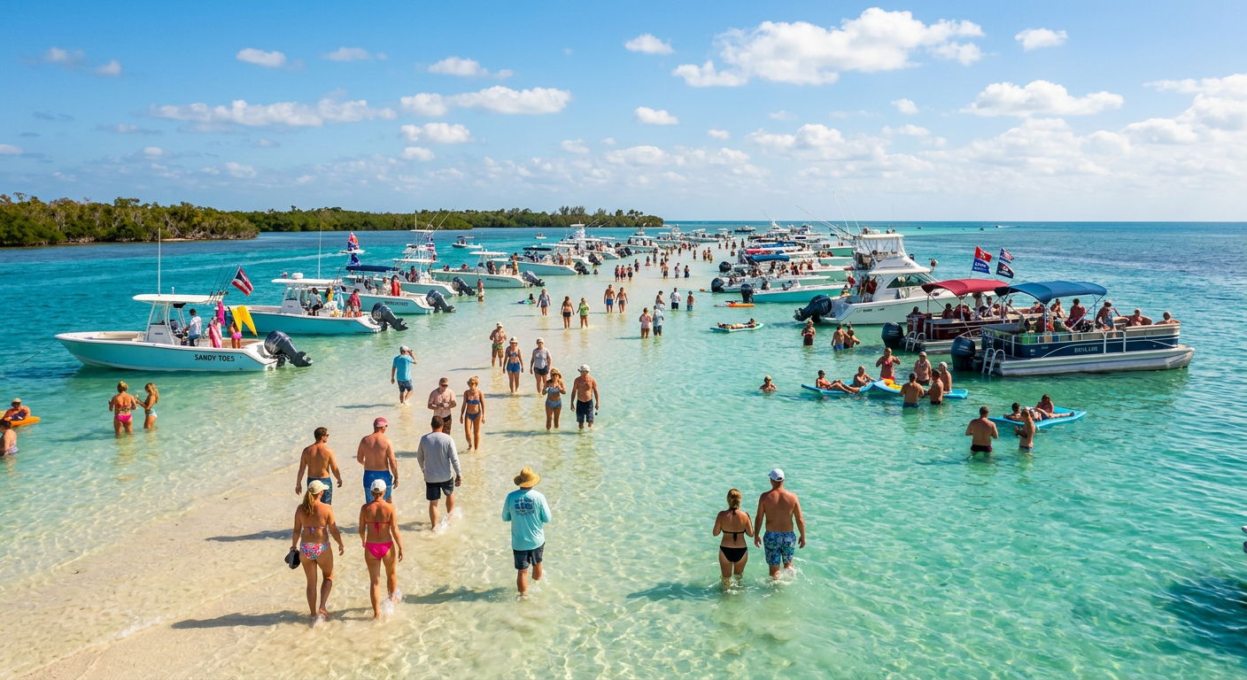 Boats anchored at the Islamorada sandbar with people wading in waist-deep water