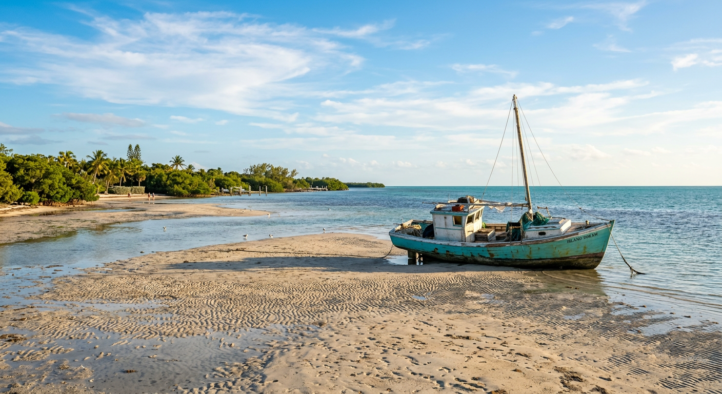 A grounded boat resting on an exposed sandbar during low tide in Islamorada