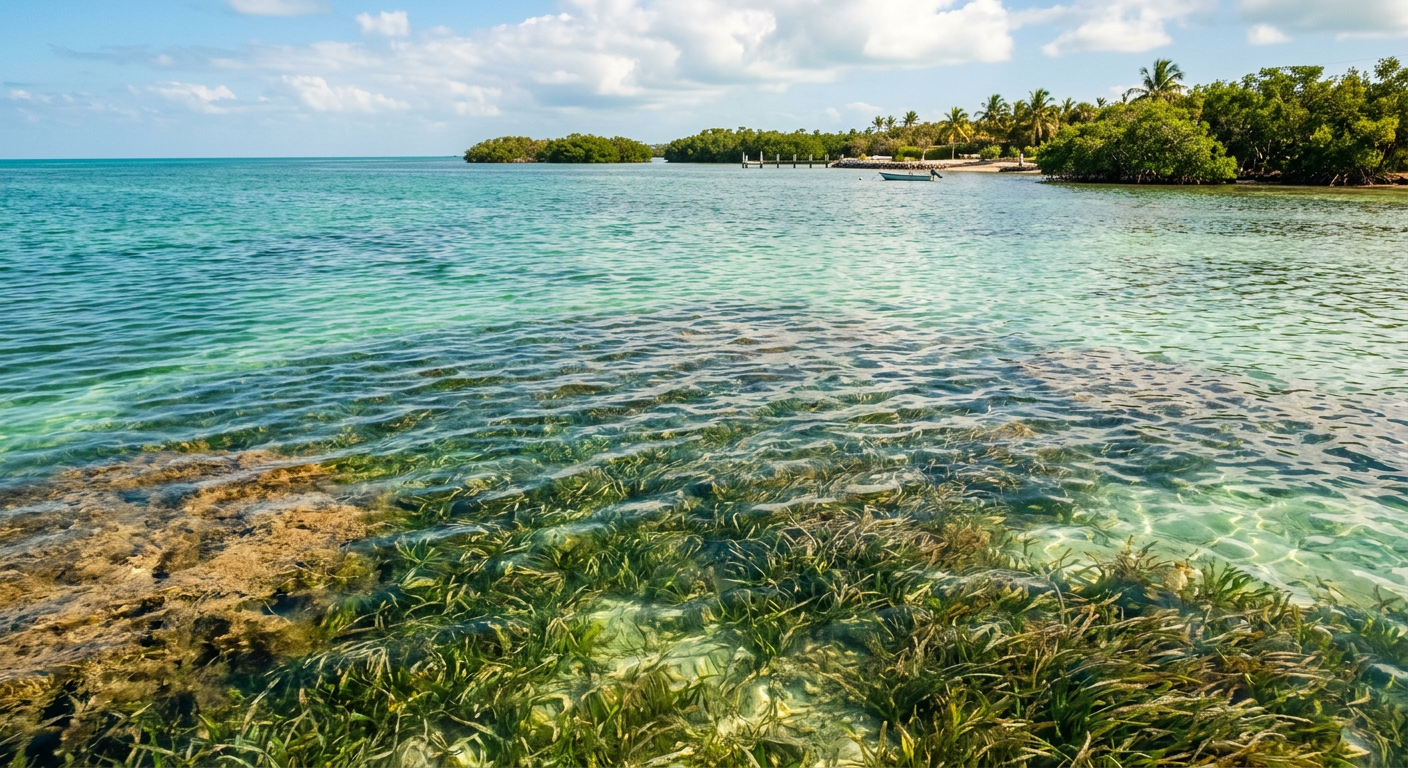 Shallow green and brown waters over a seagrass bed near Islamorada