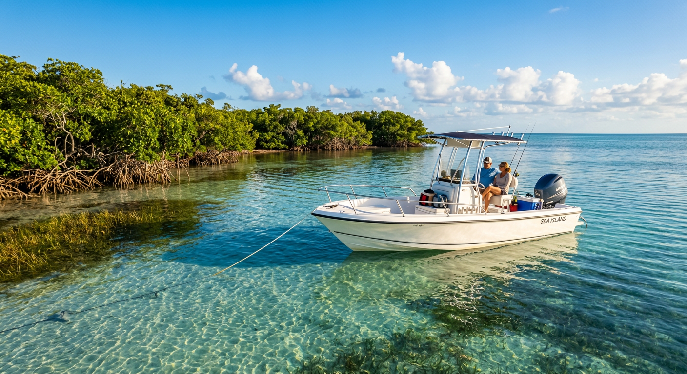 A small center console boat anchored in shallow, clear water near a mangrove island in the Florida Keys