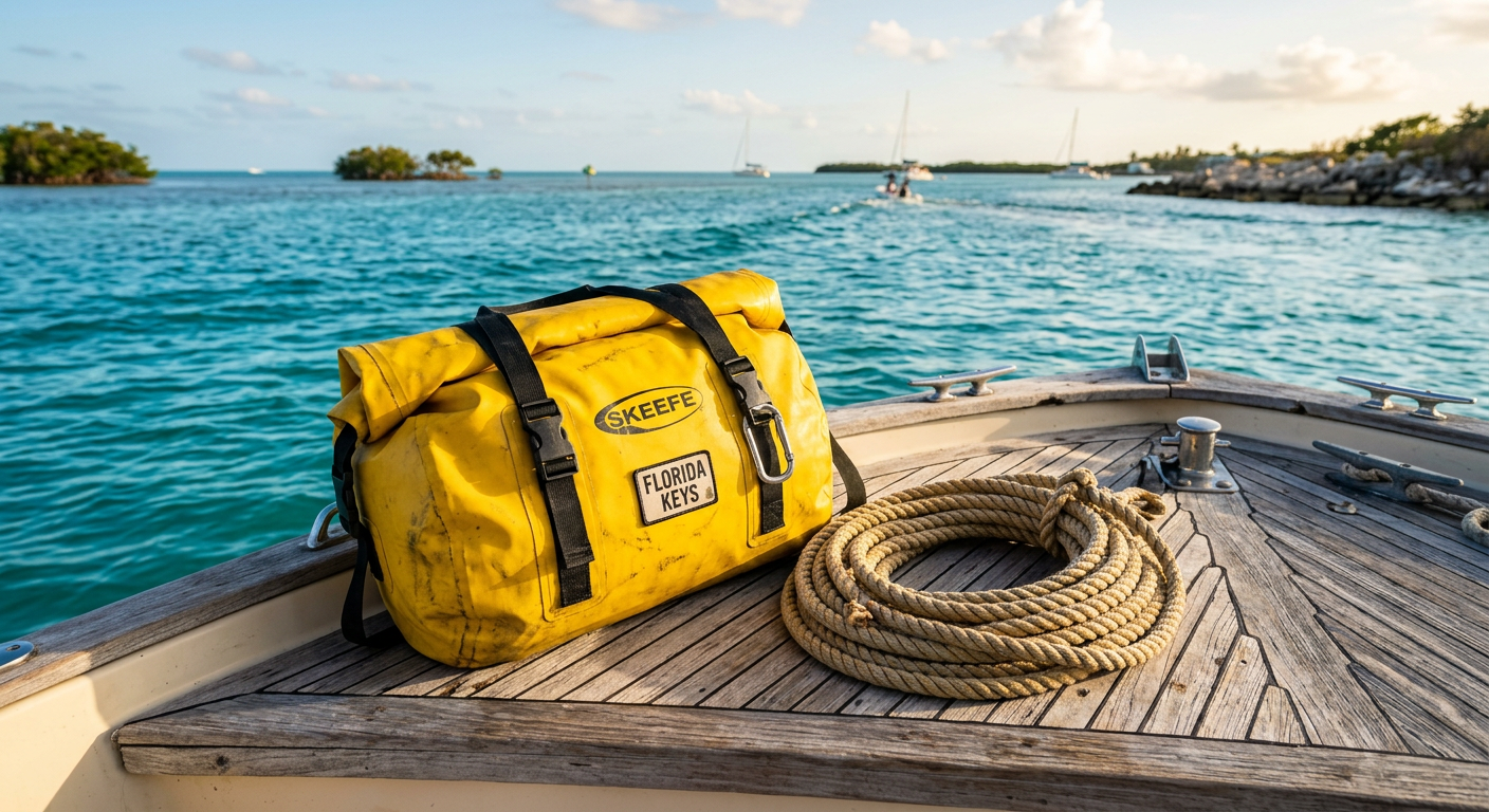 A well-packed yellow dry bag and coiled marine rope sitting on the deck of a rented boat in the Florida Keys