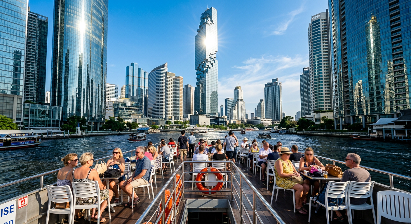 Tourists sitting on the open top deck of a riverboat surrounded by towering glass skyscrapers reflecting the intense midday sun