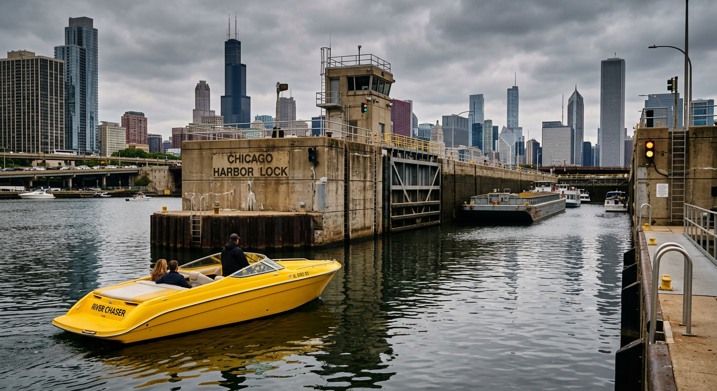 Yellow speedboat idling near a concrete lock on the Chicago River under gray skies