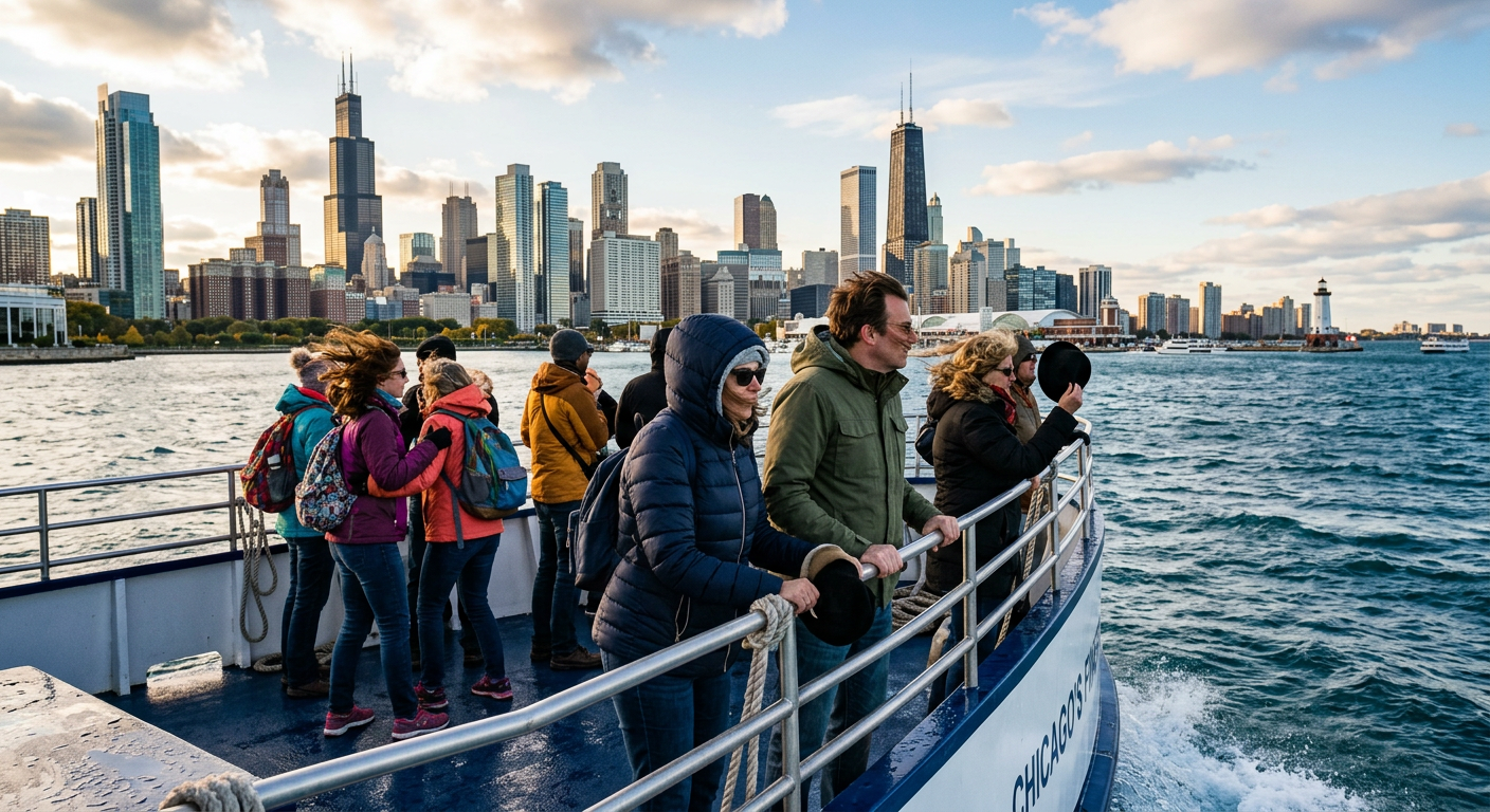 Tourists bracing against the wind on the bow of a Chicago tour boat as it enters Lake Michigan