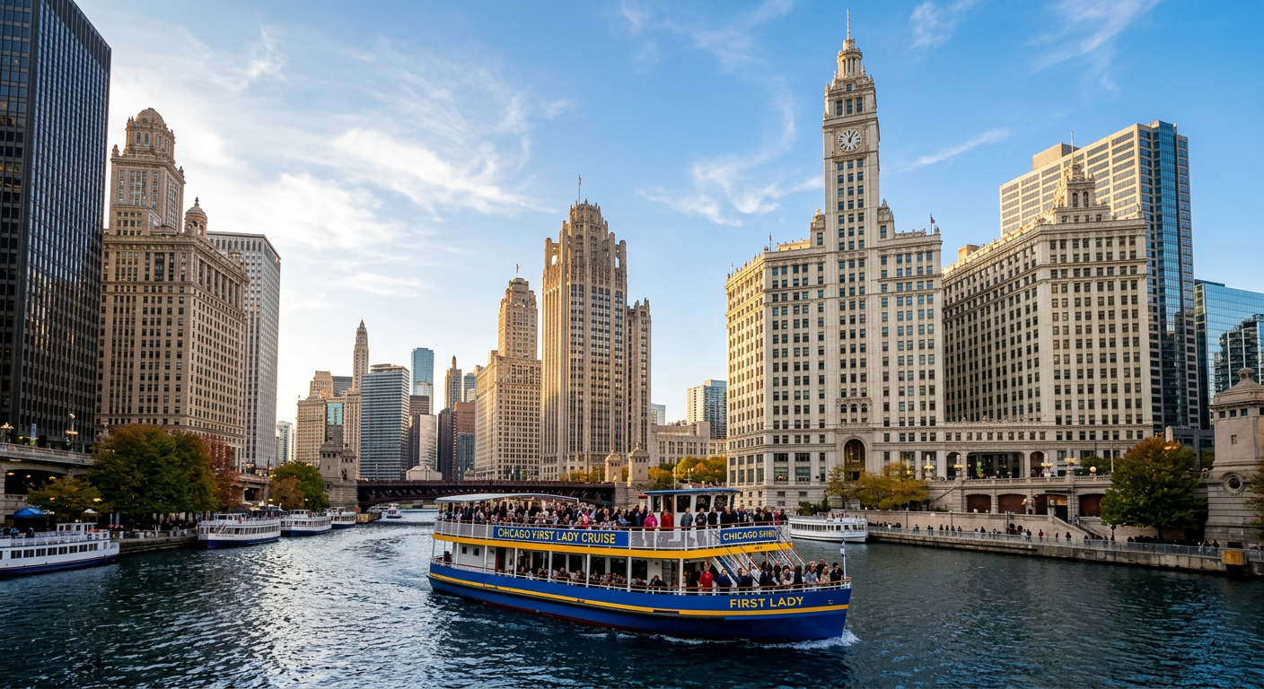 A double-decker sightseeing boat cruising down the Chicago River past the Wrigley Building