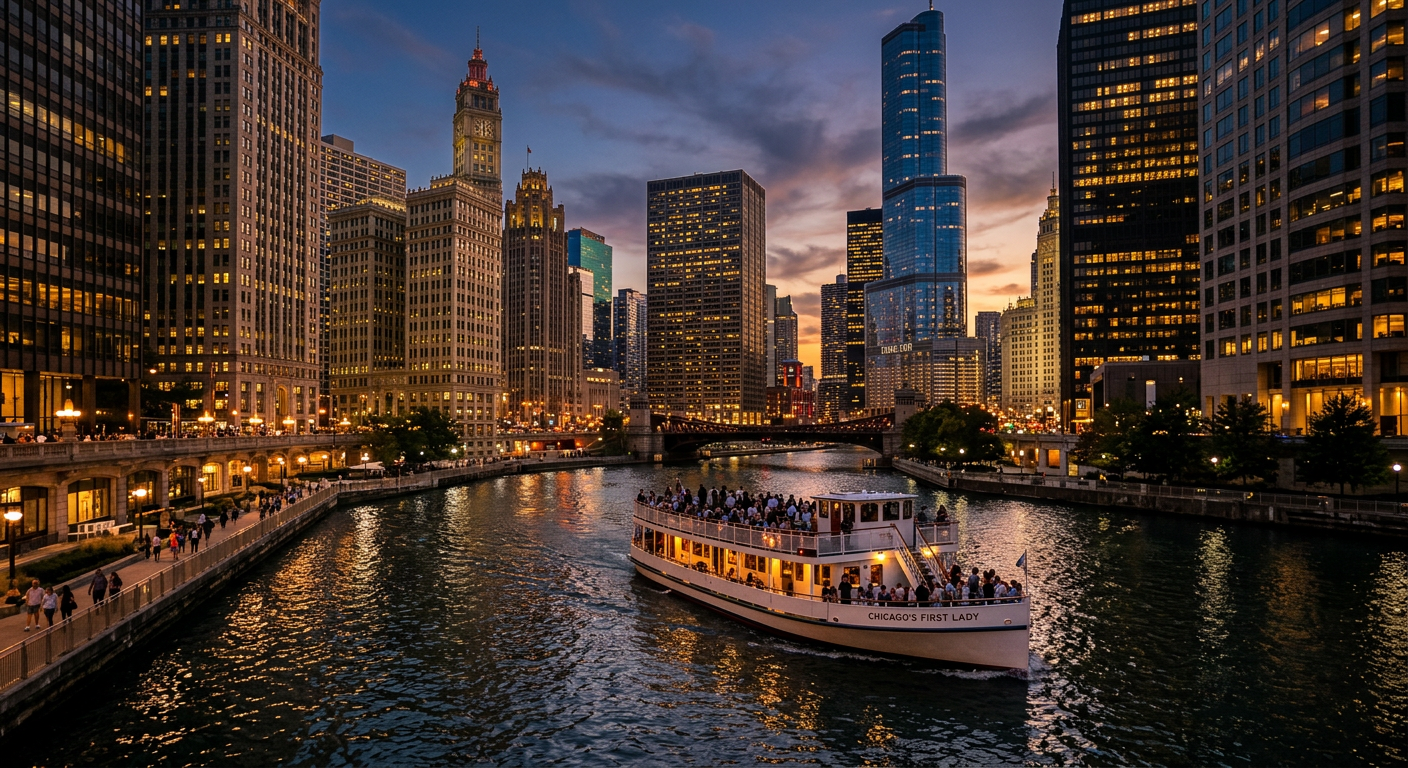 A Chicago river tour boat cruising at twilight as city buildings begin to light up