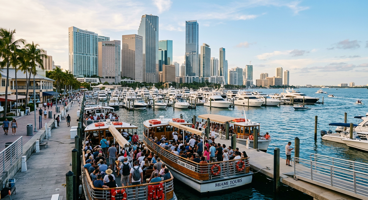 Tour boats loaded with passengers idling at the concrete docks of a busy Bayside Marina below the downtown Miami skyline