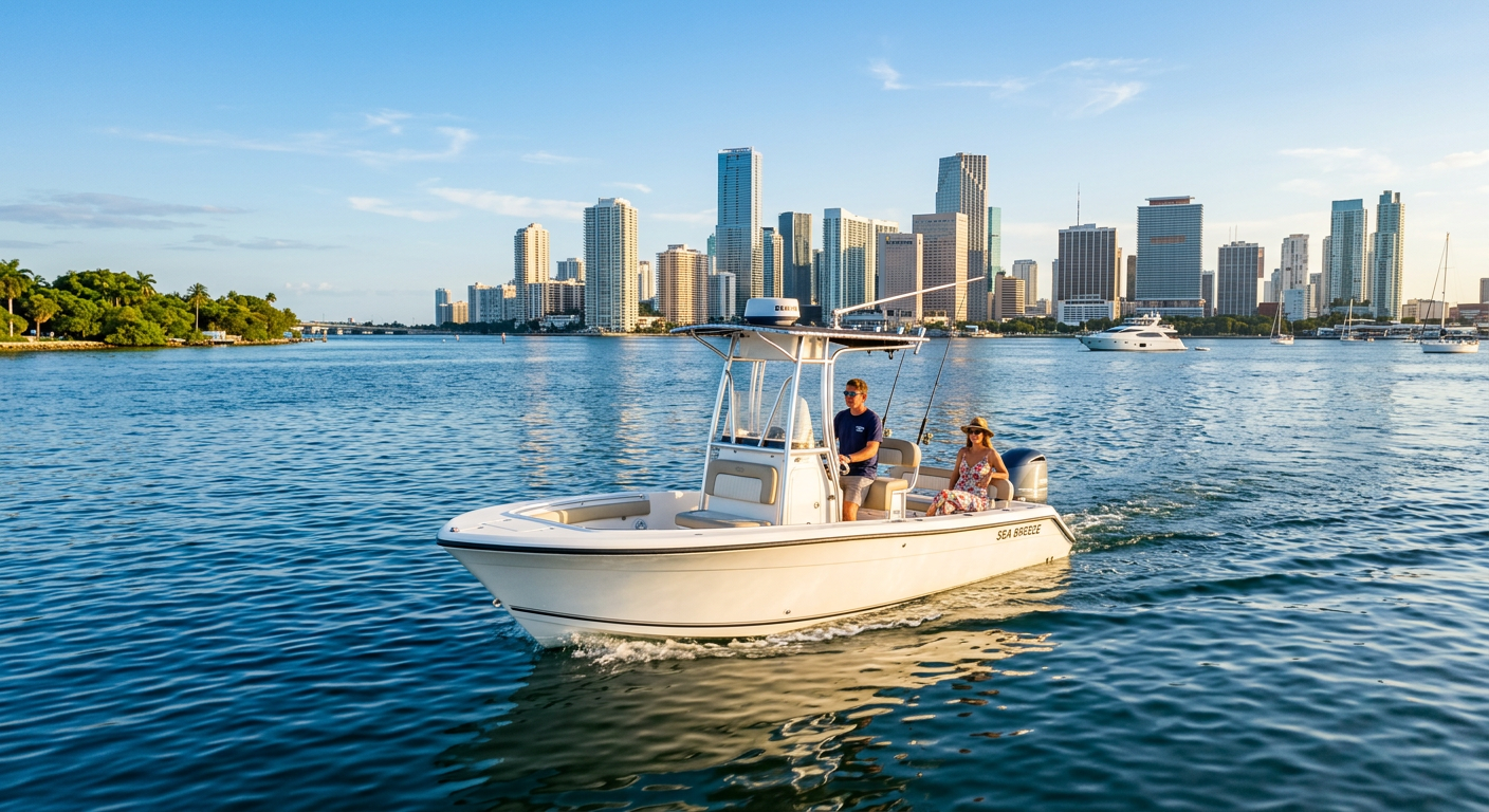 A small private center console boat navigating the calm blue waters of Biscayne Bay with the Miami skyline in the background