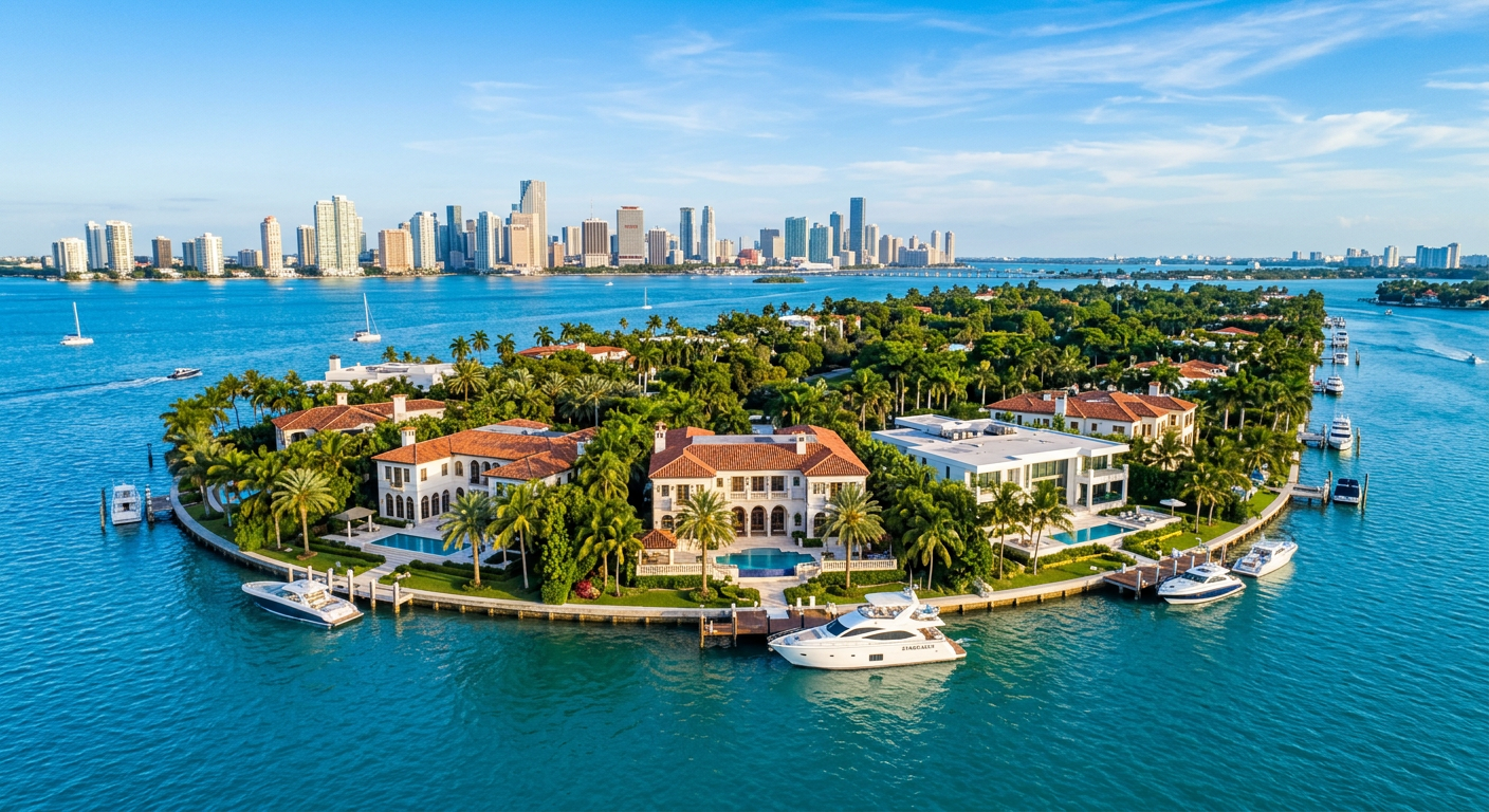 Massive waterfront mansions on Star Island surrounded by blue water and manicured tropical landscaping
