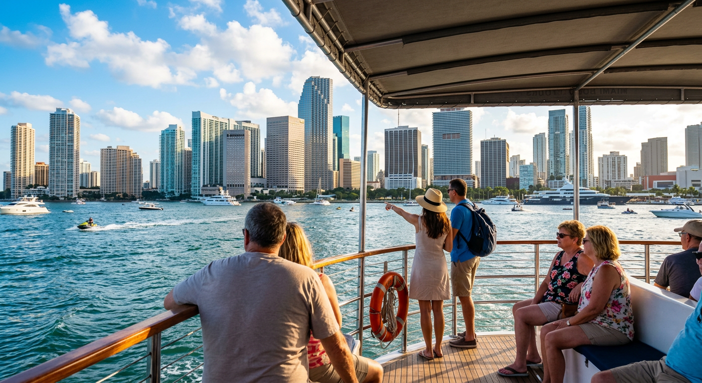 Tourists looking out over the stern of a shaded tour boat cruising past the Miami downtown skyline