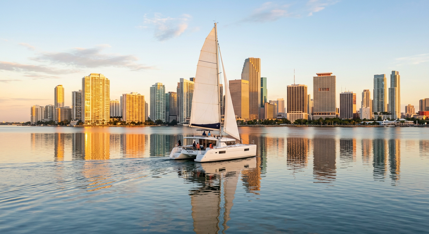 Catamaran gliding slowly across smooth morning waters reflecting the Miami downtown skyline