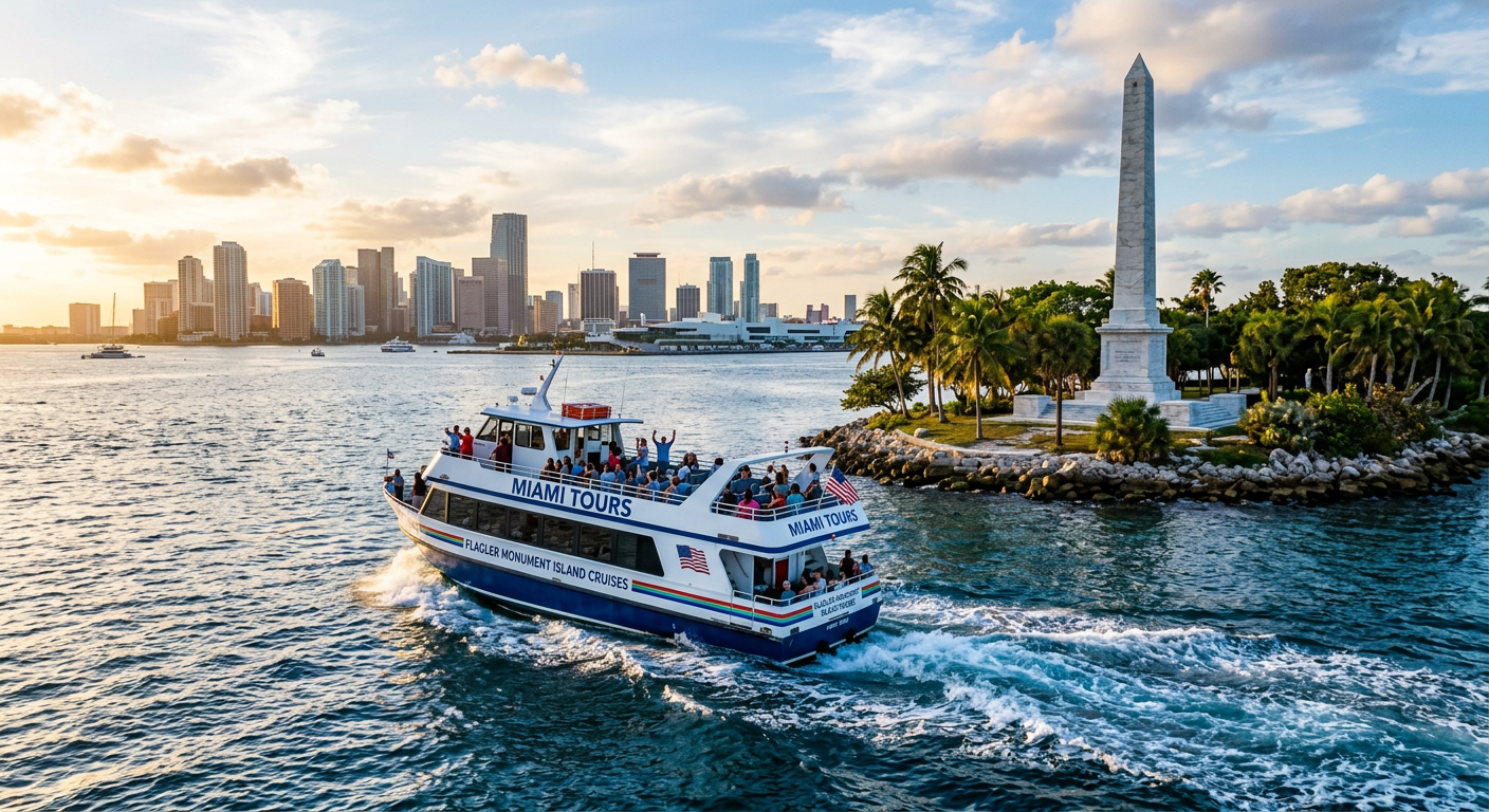 A tour boat leaning into a turn near Flagler Monument Island in Miami