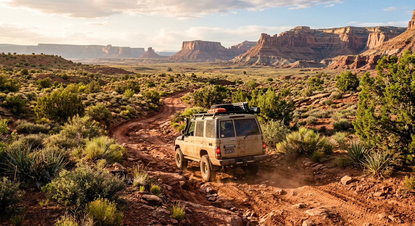 A dusty off-road vehicle navigating a rutted red dirt trail surrounded by desert brush in Northern Arizona