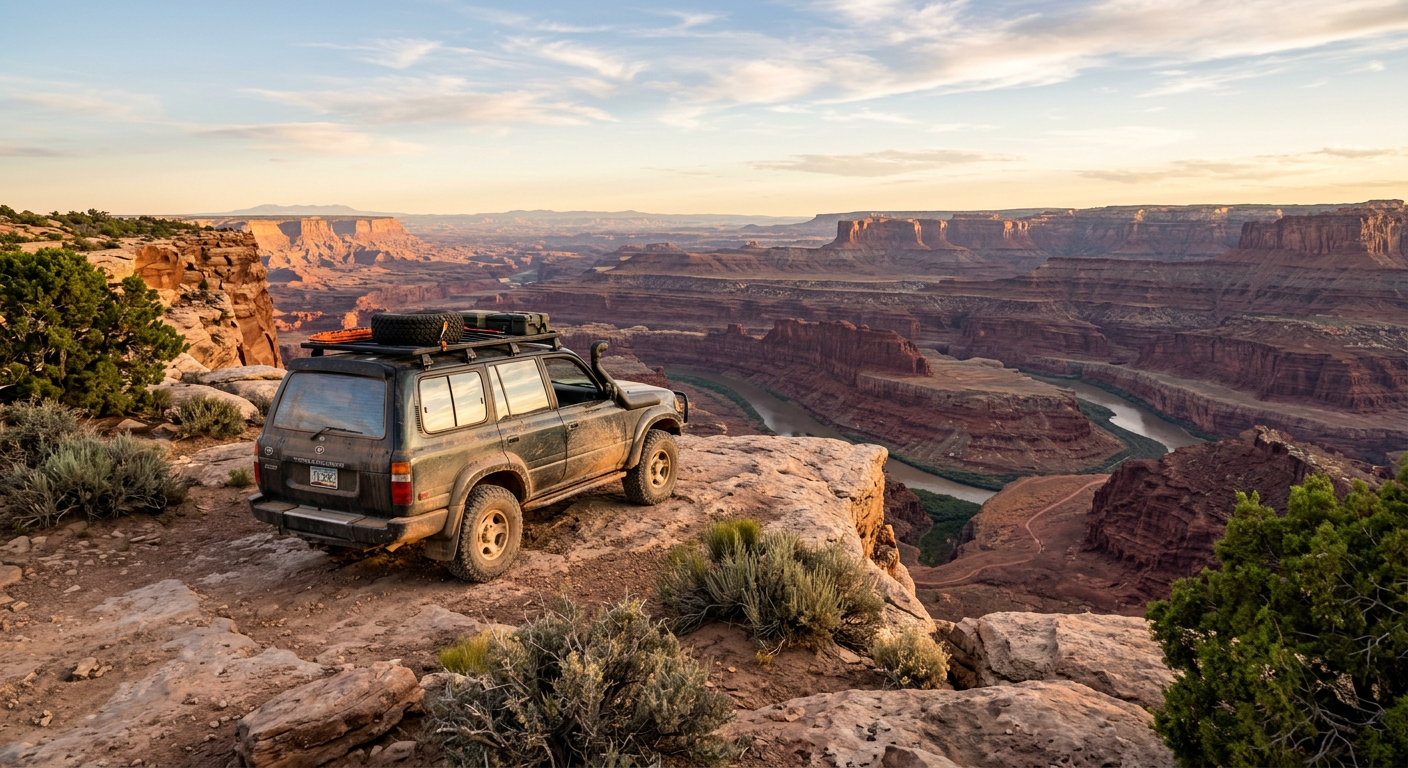 A dusty off-road vehicle parked on the edge of a deep red rock canyon in Northern Arizona