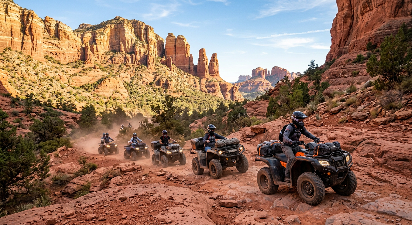 A line of ATVs navigating a narrow, rocky red dirt trail in Sedona with steep canyon walls in the background