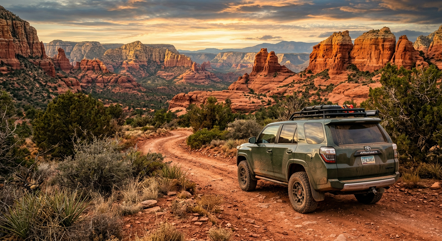 Off-road vehicle parked on a dirt trail in Northern Arizona surrounded by dry brush and red rocks