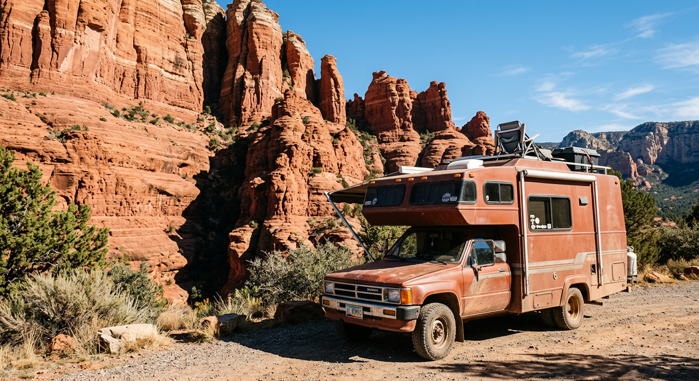 A dusty, rust-colored recreational vehicle parked near towering red rock formations in Sedona, casting harsh shadows under the bright midday sun.