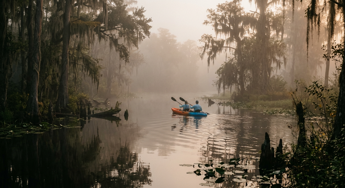 Kayakers paddling gently through thick morning fog on a calm central Florida spring, surrounded by faint silhouettes of moss-draped trees