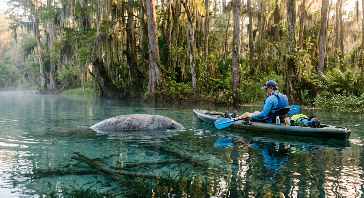 A quiet kayaker floating near a surfaced manatee in the calm, misty waters of a Florida spring