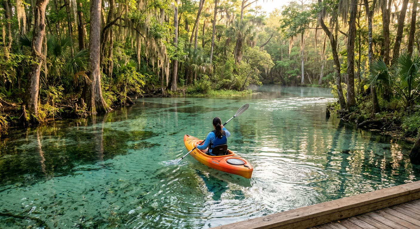 Paddler in a kayak entering the clear early morning waters at Three Sisters Springs in Crystal River