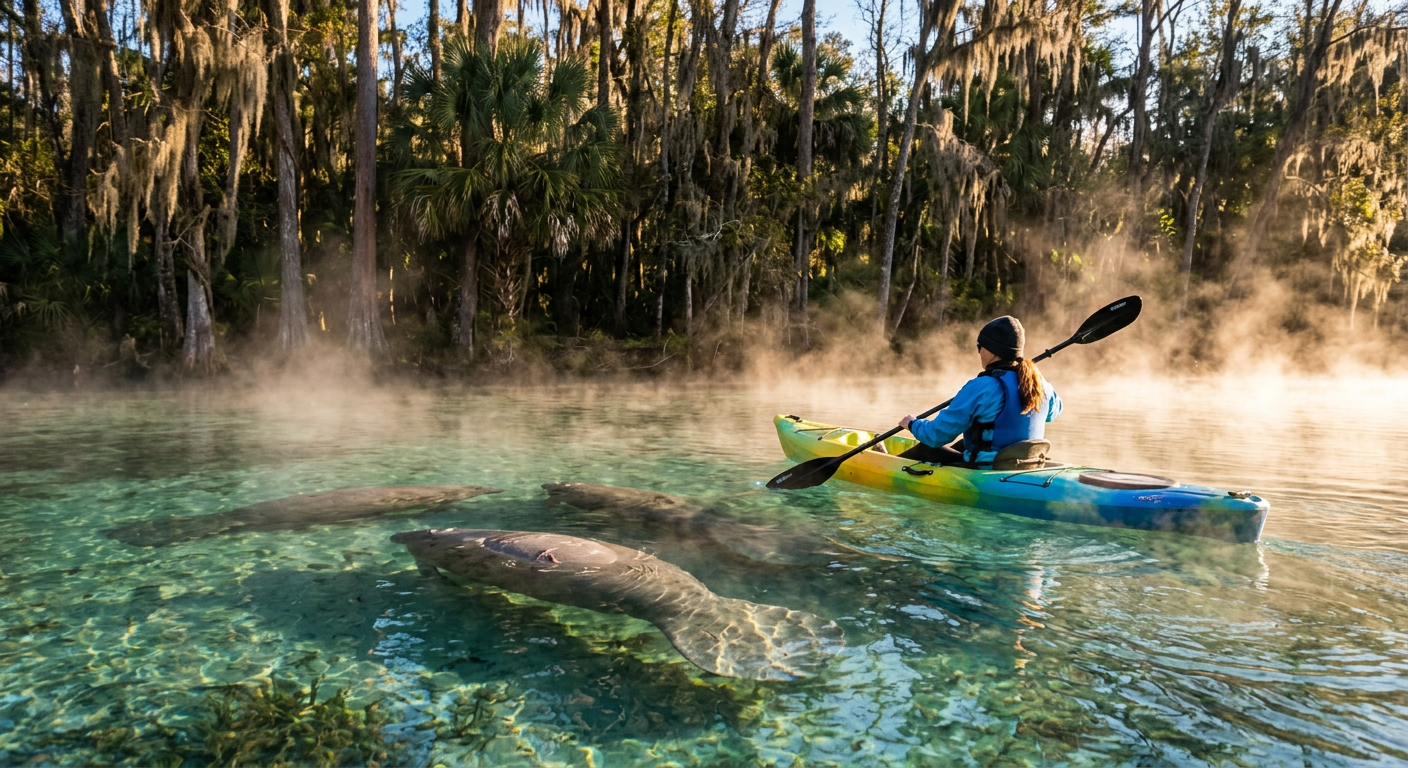 Vapor rising off the clear spring water in winter as a kayaker paddles near manatees