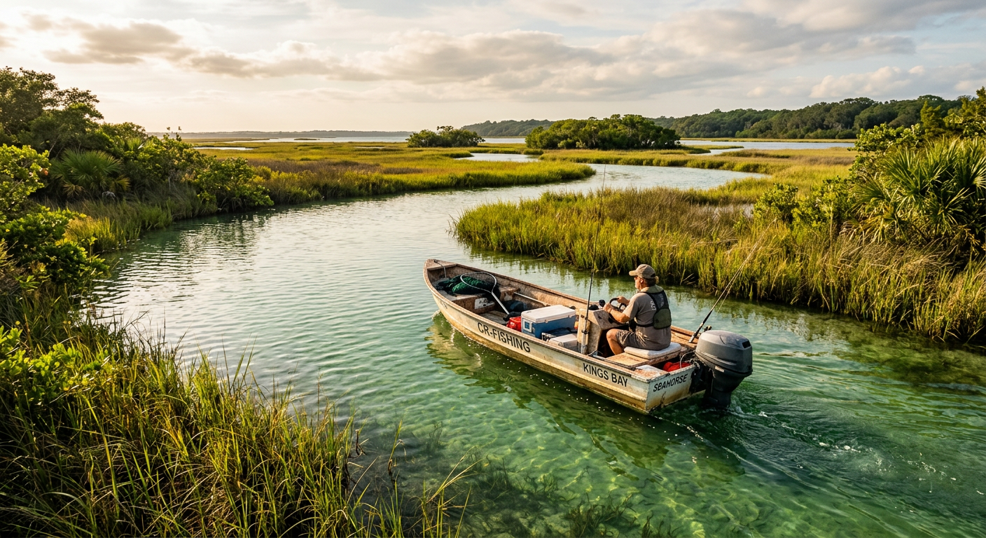 A small motorized fishing skiff navigating the shallow, green waters near the coastal marshlands of Crystal River