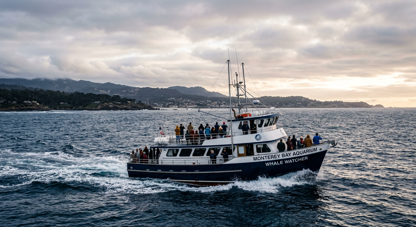 A whale watching vessel cutting through the dark blue waters of Monterey Bay on a cloudy morning