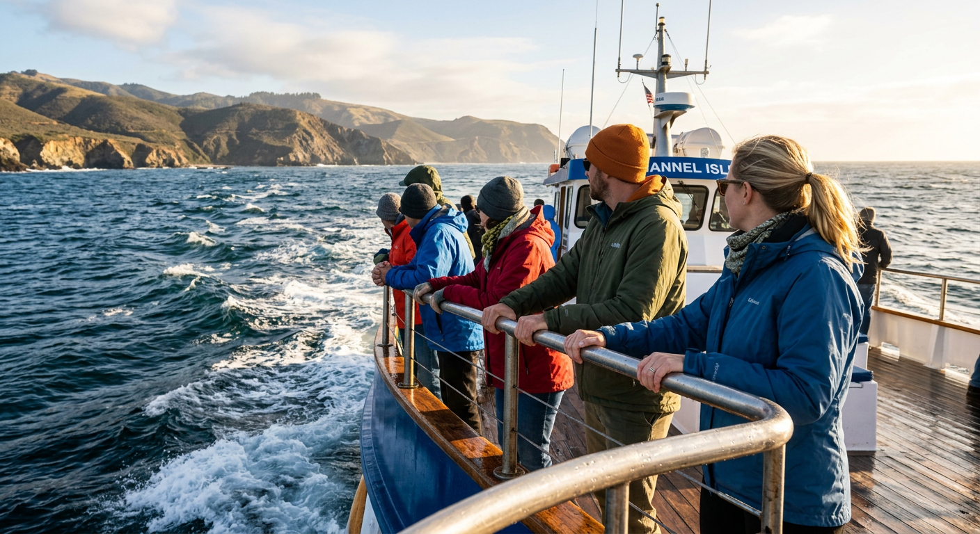 Passengers gripping the metal rails on a whale watching boat cutting through the morning ocean swell in California