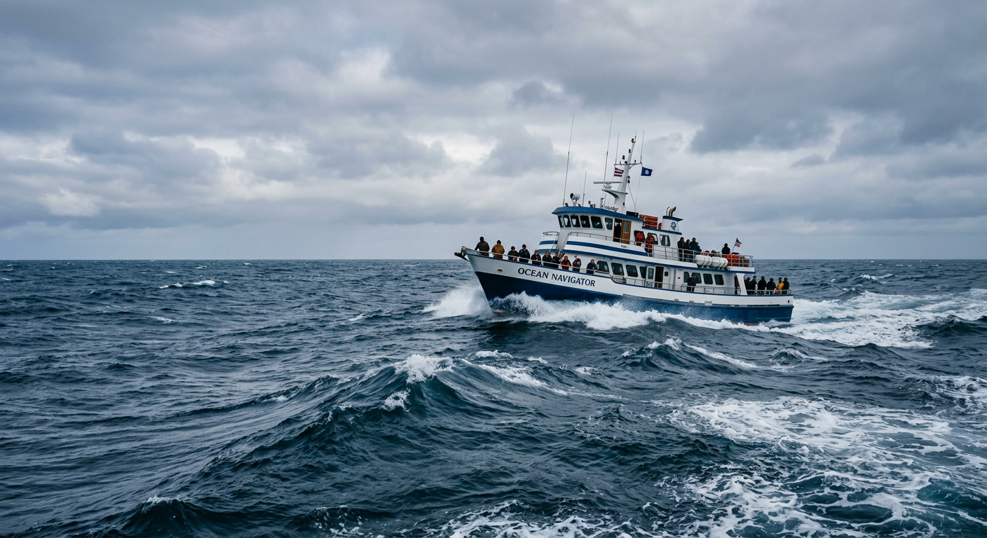 A sturdy passenger boat navigating large rolling ocean swells under an overcast sky