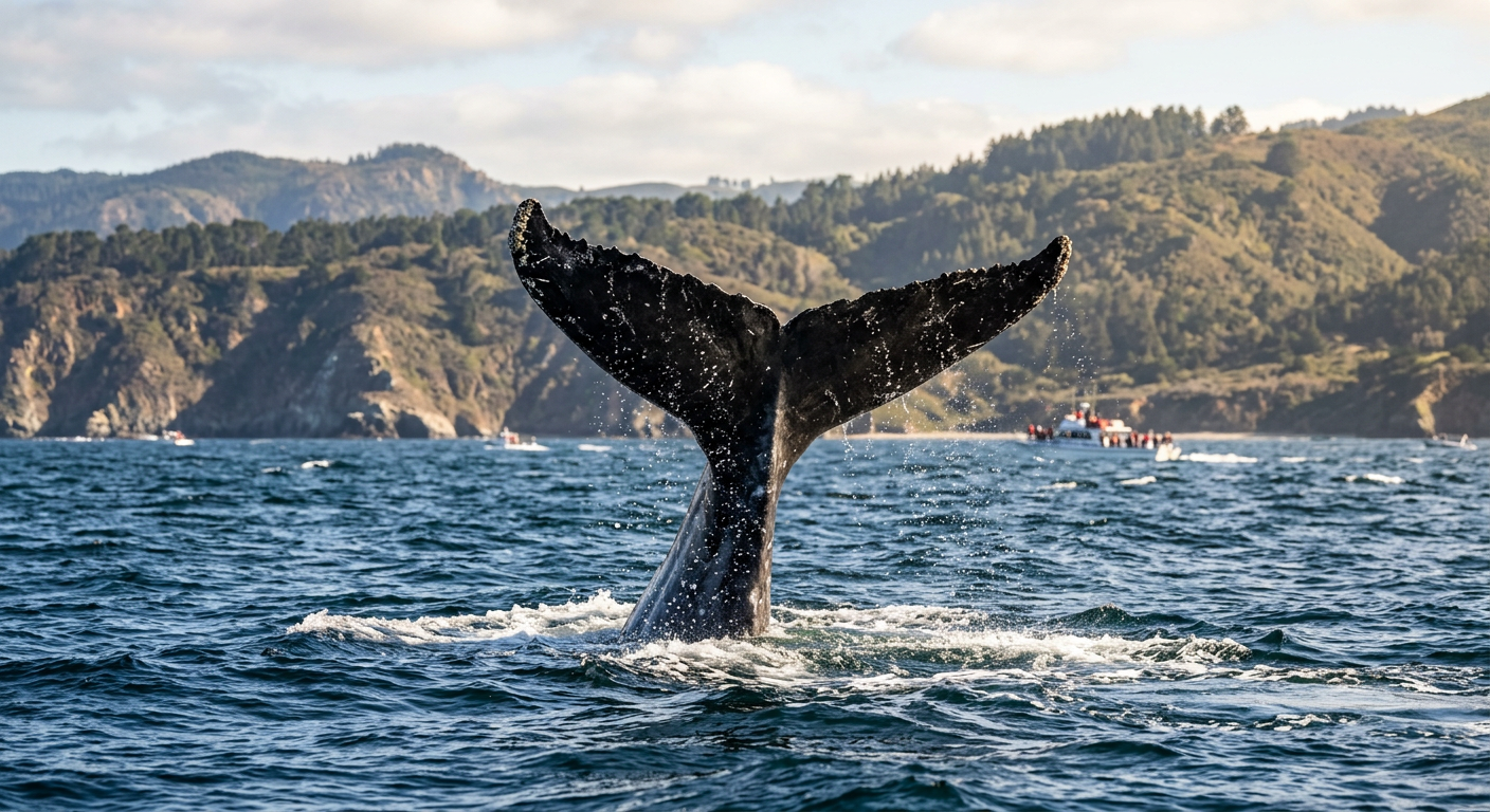 A gray whale flukes its tail above the dark blue waters of Monterey Bay
