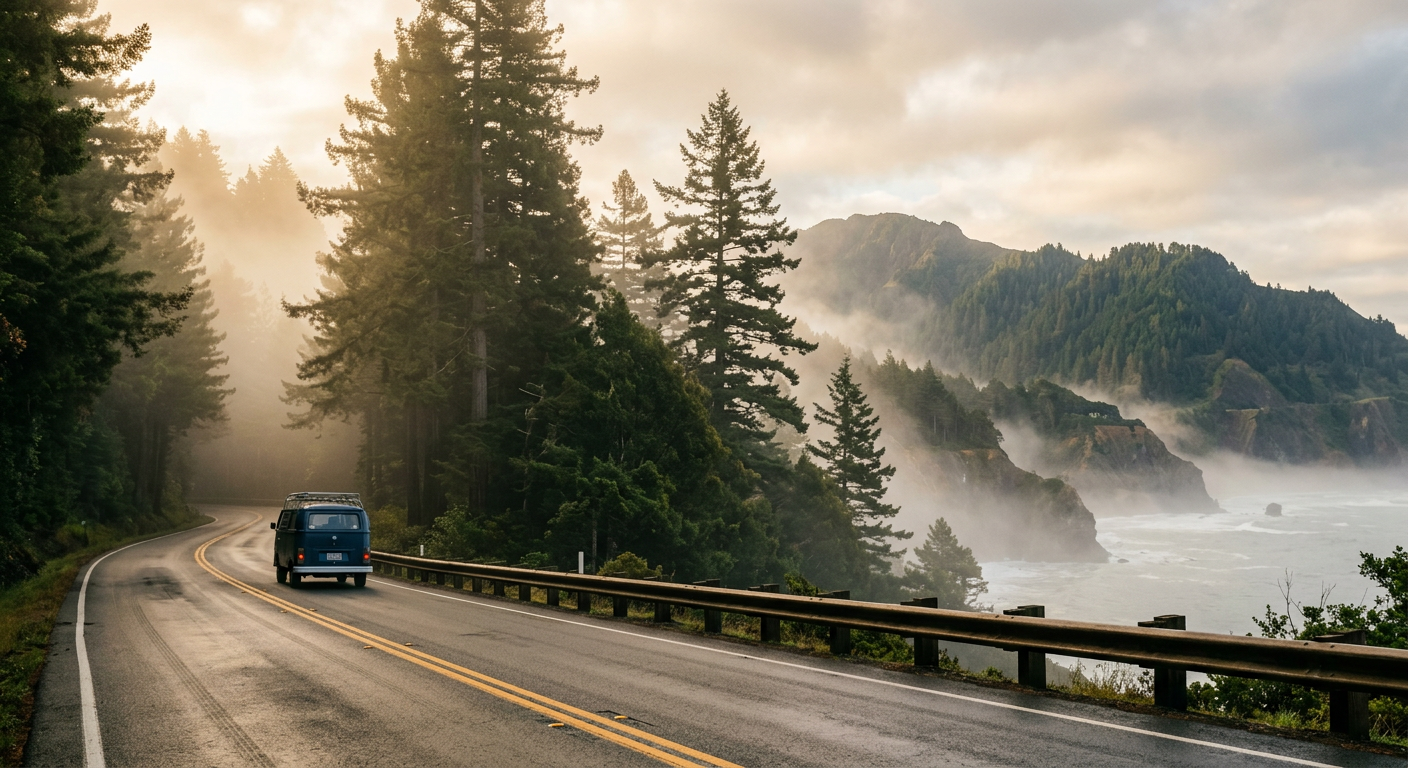 Morning fog rolling through the tall pine trees along a quiet coastal highway