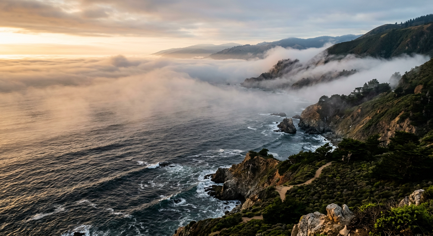 Thick morning fog rolling over the dark swells of the Pacific Ocean
