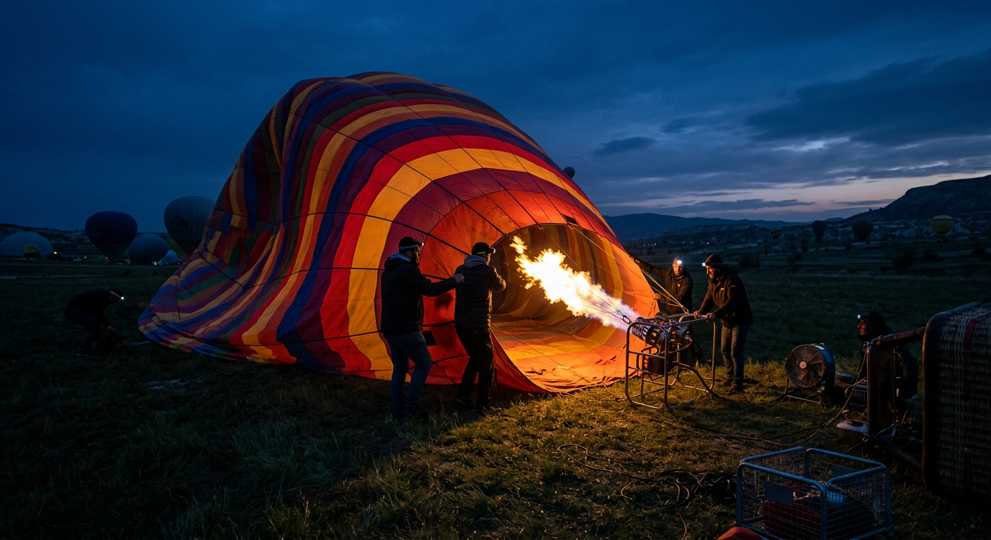 Ground crew inflating a large hot air balloon envelope in a dark grassy field before sunrise