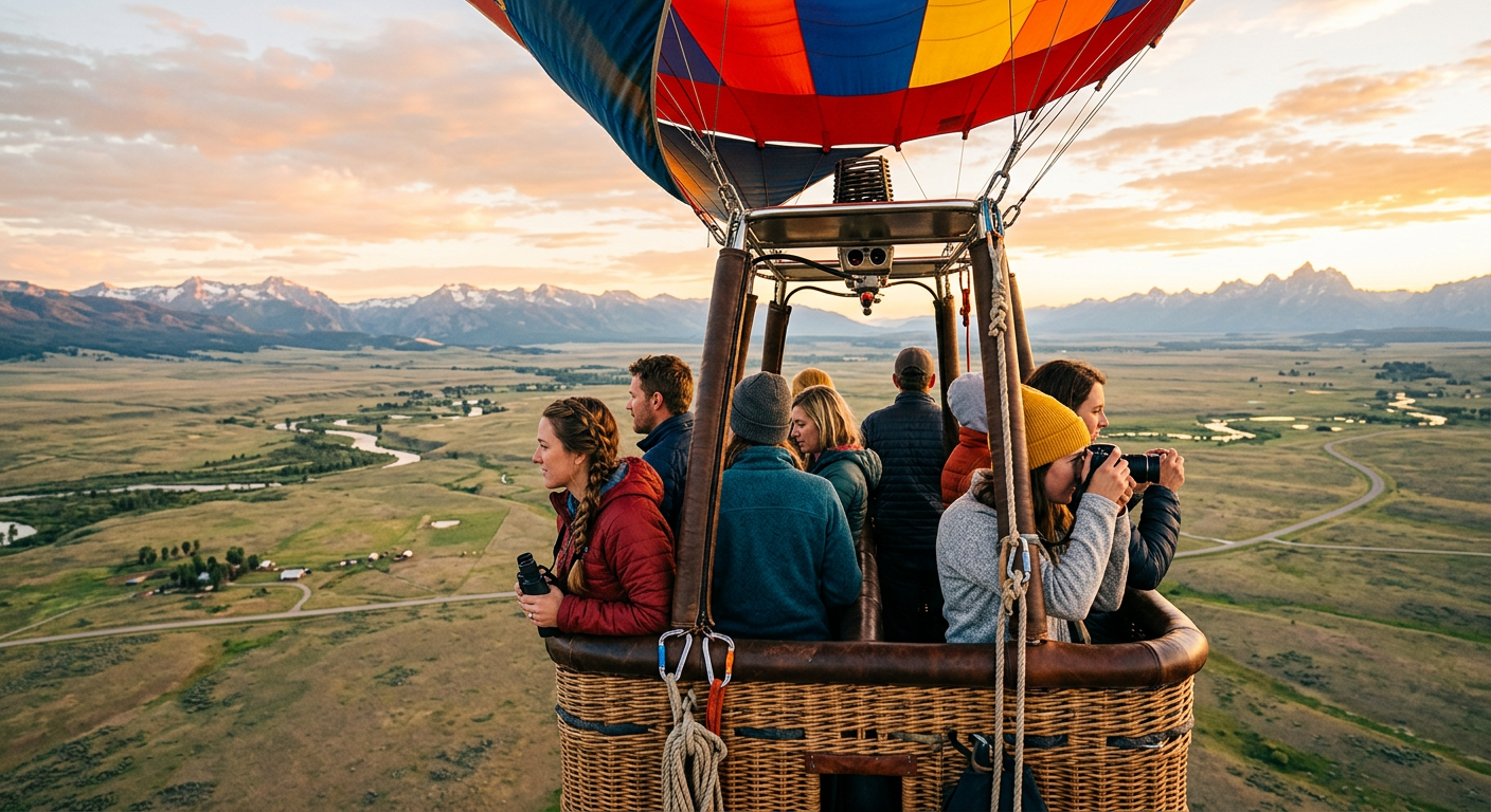 Passengers packed closely in a wicker hot air balloon basket looking out over Wyoming plains