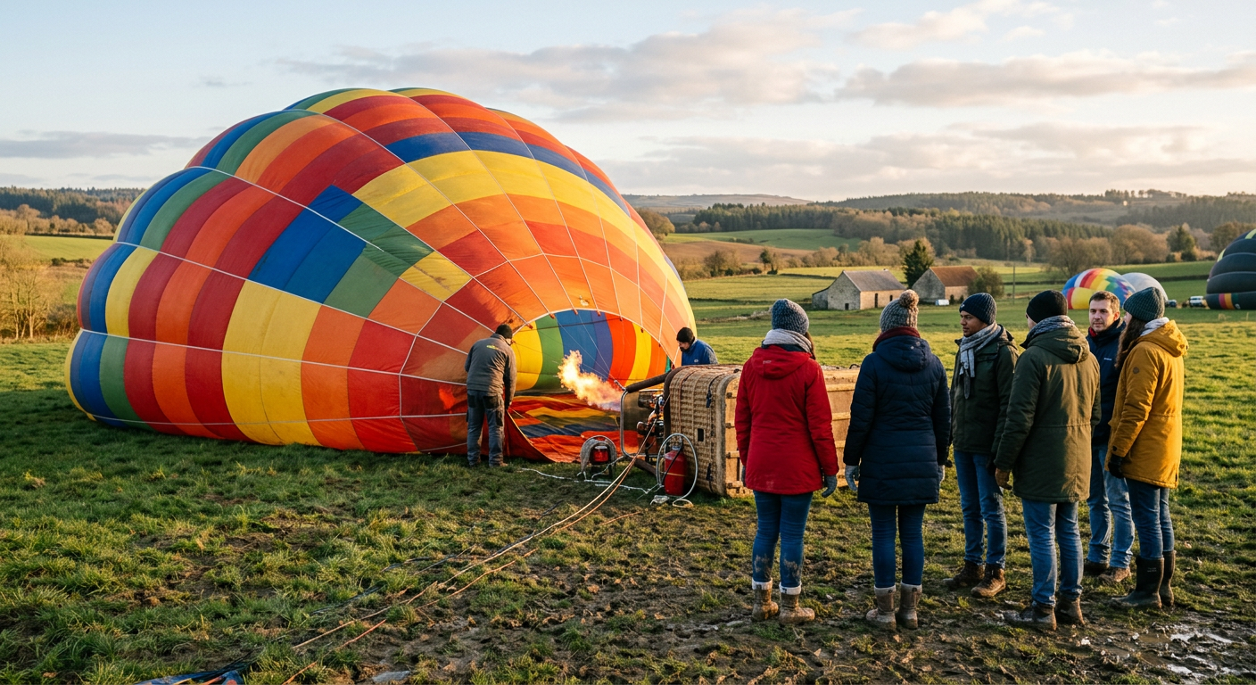 Passengers in heavy winter coats standing on a muddy grass field next to a half-inflated hot air balloon envelope