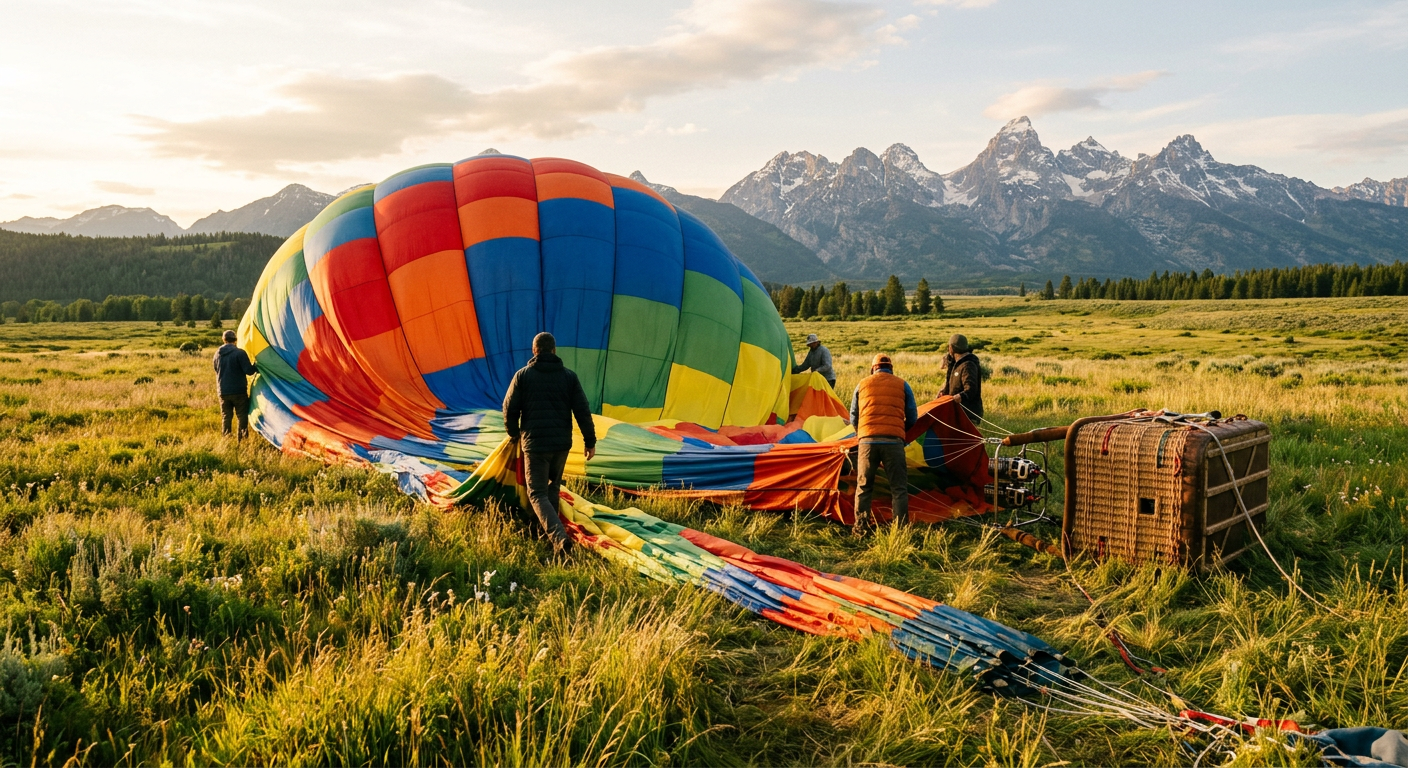 A colorful hot air balloon tipped on its side in a grassy Wyoming field after landing, with crew members gathering the fabric