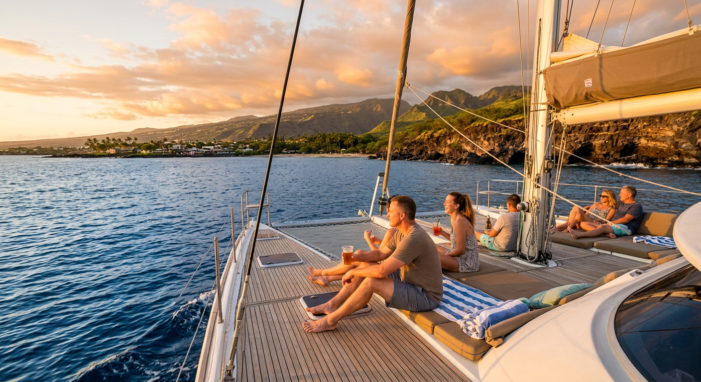 Passengers walking down the aluminum ramp to board a catamaran at the marina