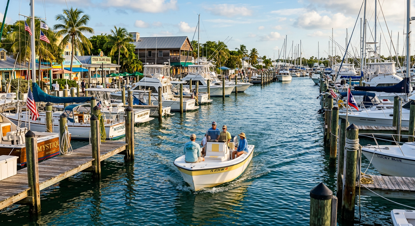 A small motorboat navigating through a busy, sunlit Key West marina past wooden docks