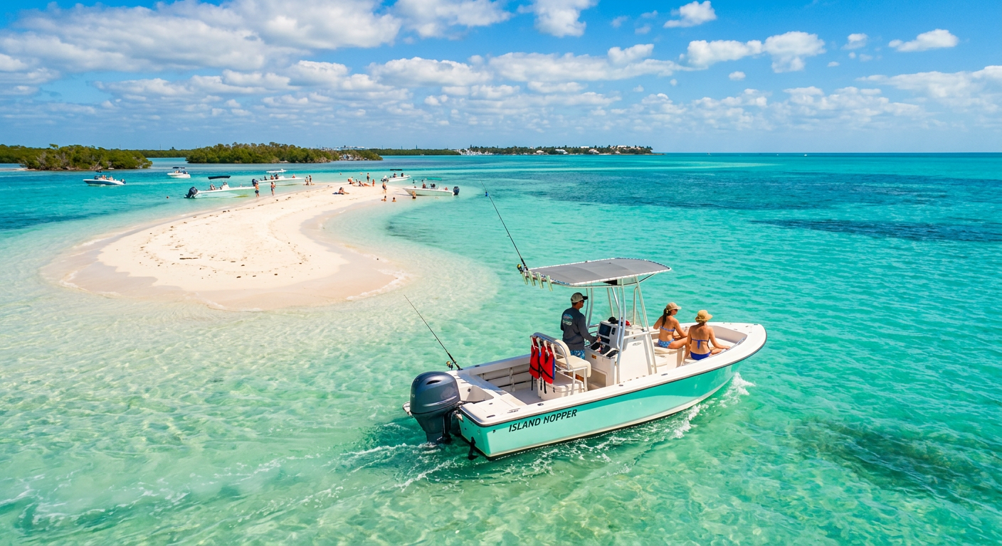 A small rental center console boat navigating shallow, turquoise water near a partially exposed Key West sandbar