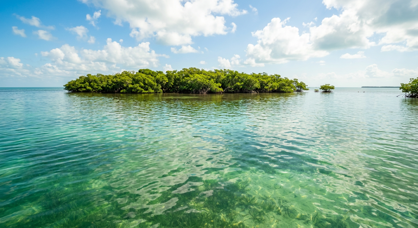 Empty green water looking toward a distant mangrove island in the Florida Keys under a bright sky