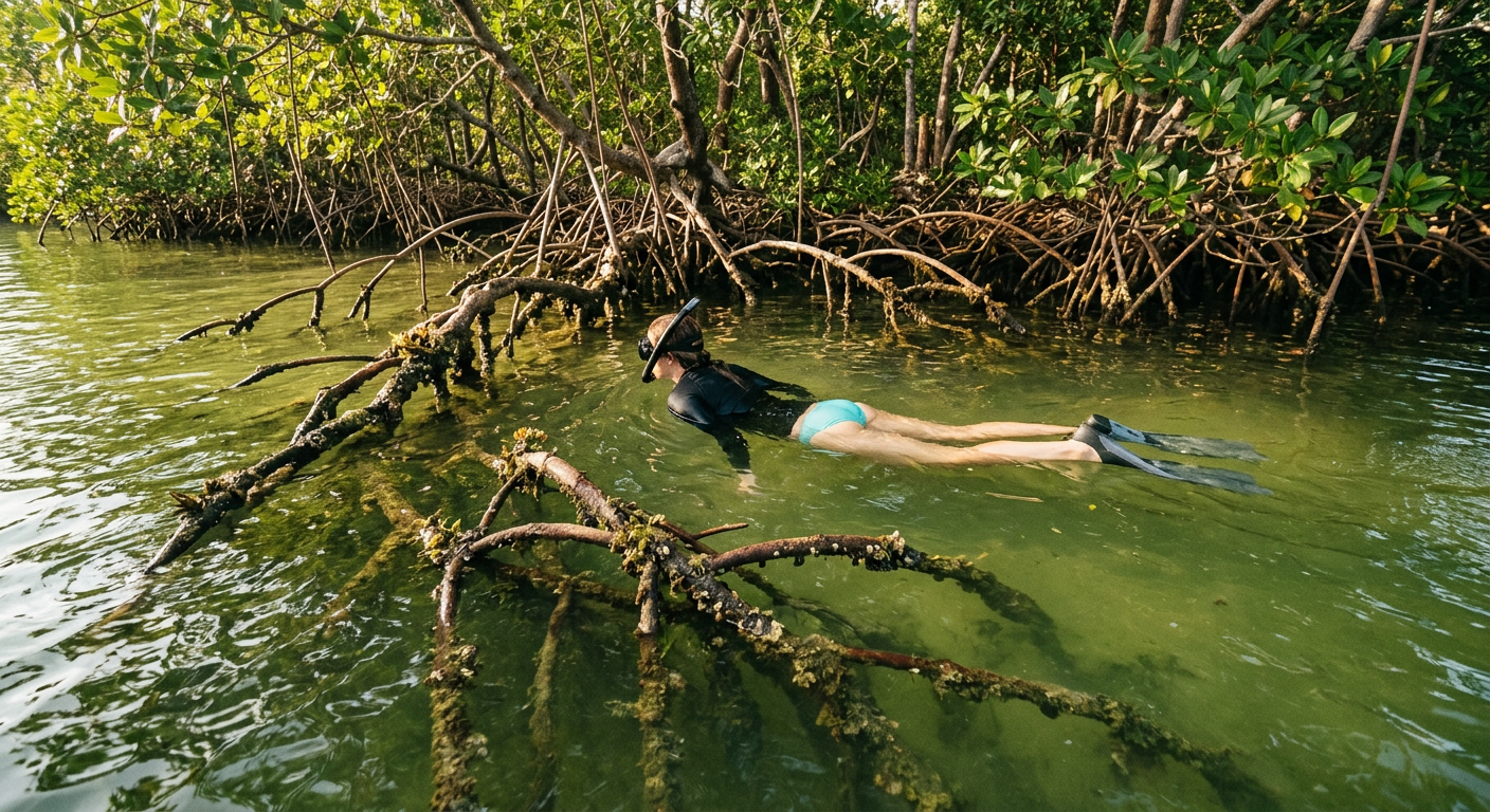 A snorkeler floating in murky green water near submerged mangrove roots in Key West backcountry
