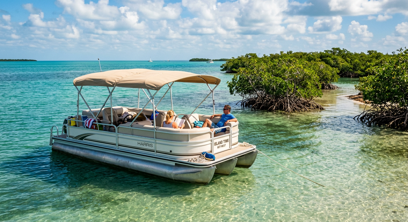 A pontoon boat anchored off a mangrove island in Key West with its canvas bimini top fully deployed against the harsh afternoon sun