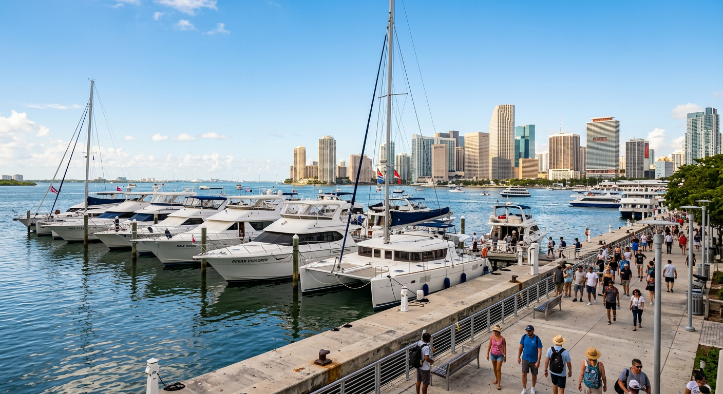 White charter boats docked alongside a crowded concrete pier in Biscayne Bay under clear skies