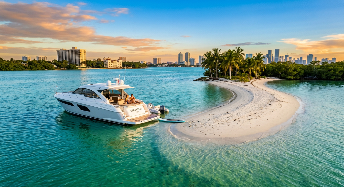 A small private yacht anchored near a secluded sandbar in Biscayne Bay
