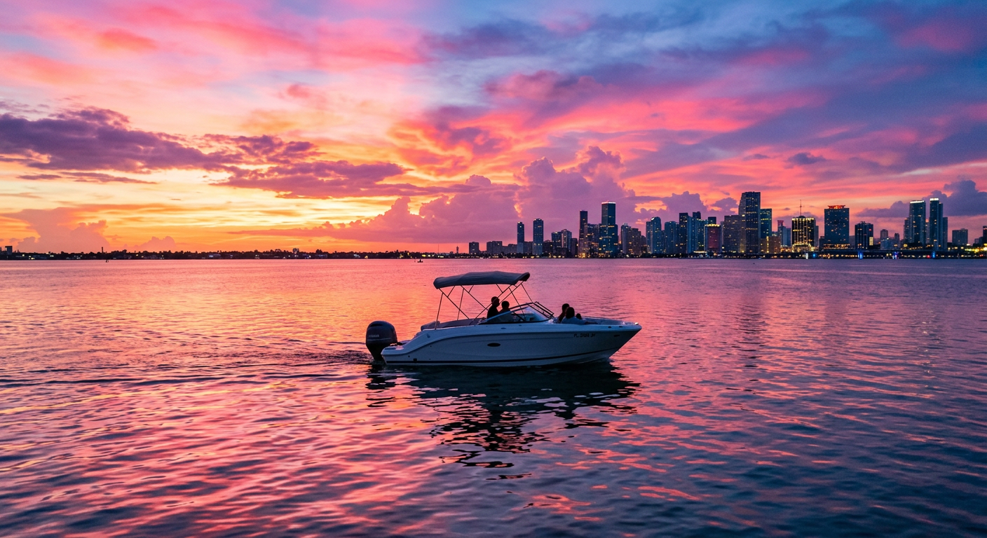 A small powerboat drifting on Biscayne Bay as the sky glows neon pink and bright orange